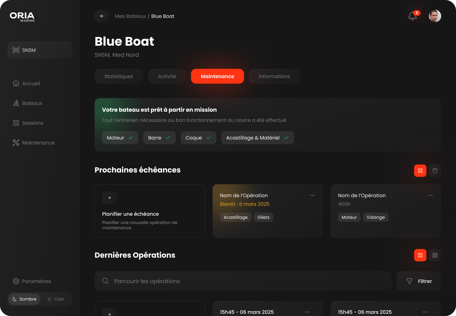 The Oria maintenance dashboard, listing service intervals, real engine hours, and upcoming work per boat.